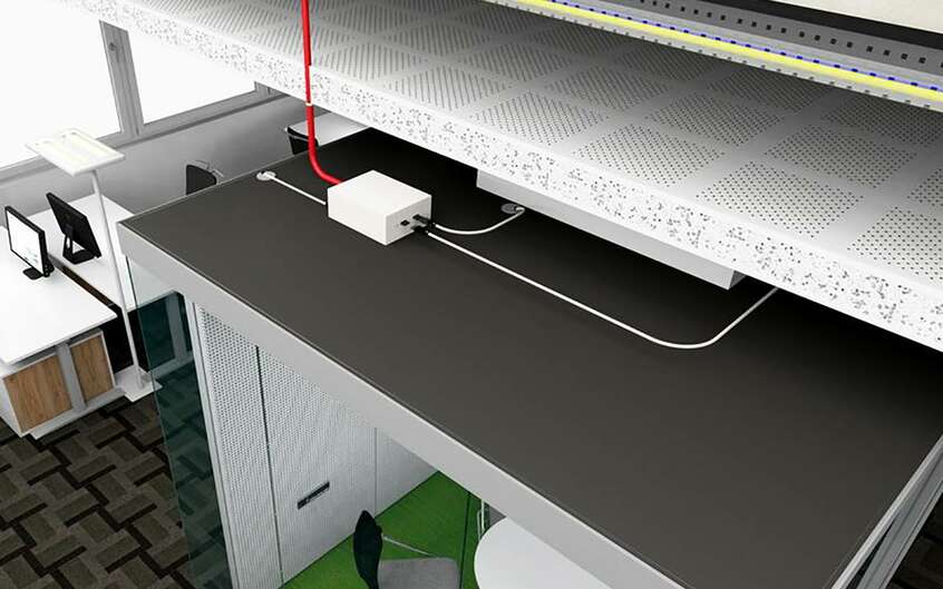 Meetingbox Zuführung Strom und Daten über die Decke Meetingbox Anschluss über die Decke