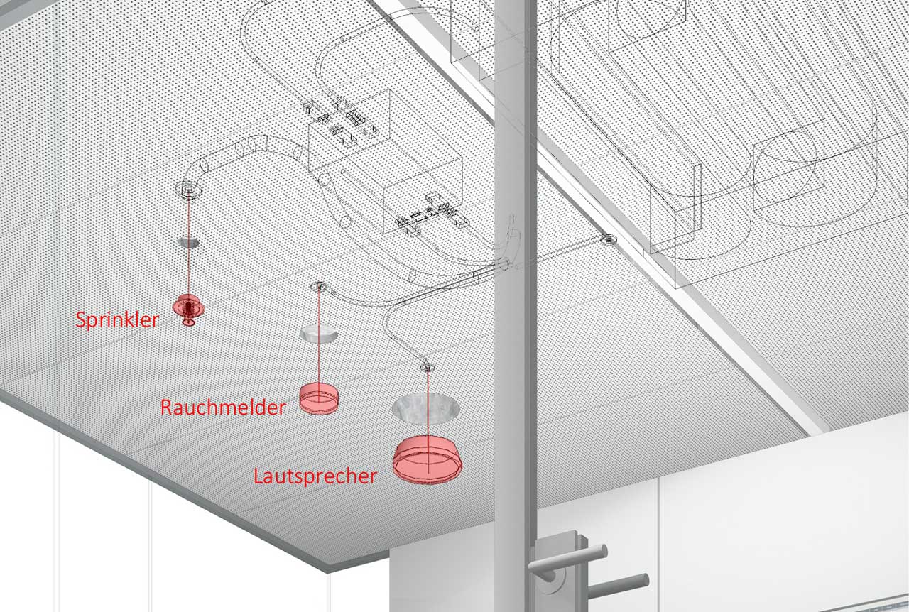 Room-in-room ceiling with fire protection fittings