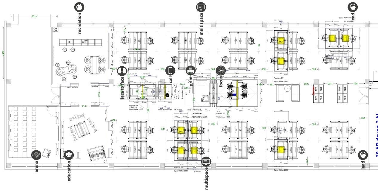 Office space with individual acoustic screens in the work zone and retreat rooms in the middle zone