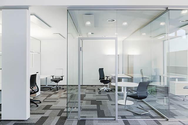 Frameless glass wall with acoustic element