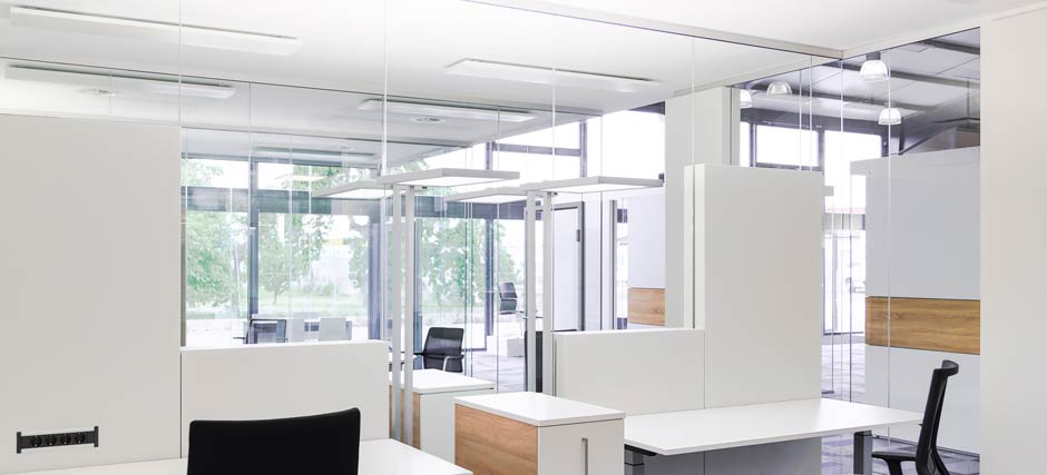 Raumsystem Glaswand als Schallschirm Raumsystem Glaswand als Ruhemodul