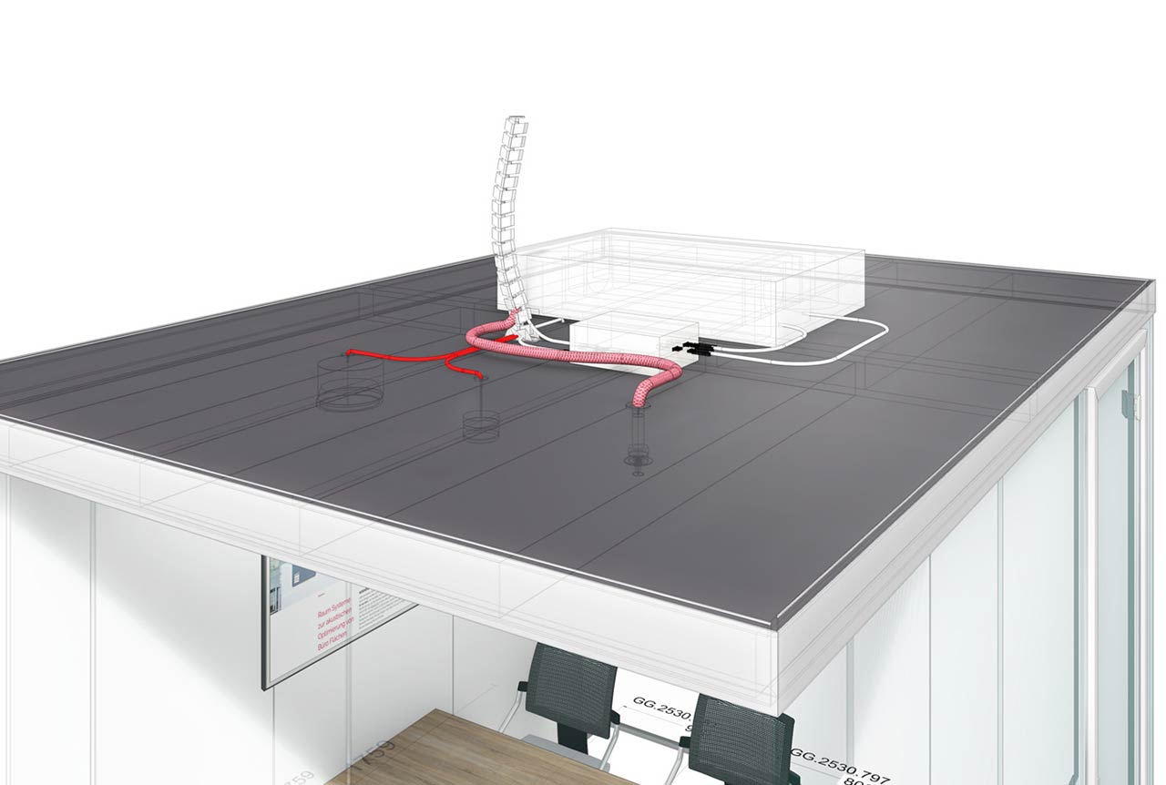 Raum in Raum Systemdecke mit Schnittstellen zur Brandschutzanlage Raum in Raum Decke mit Installation der Brandschutzanlage