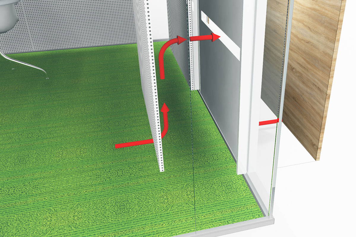 Raum-in-Raum System mit Überströmöffnungen zum Luftaustausch. Schematische Darstellung der Abluftfunktion im Raum-in-Raum System mit Pfeilen der Luftbewegung.